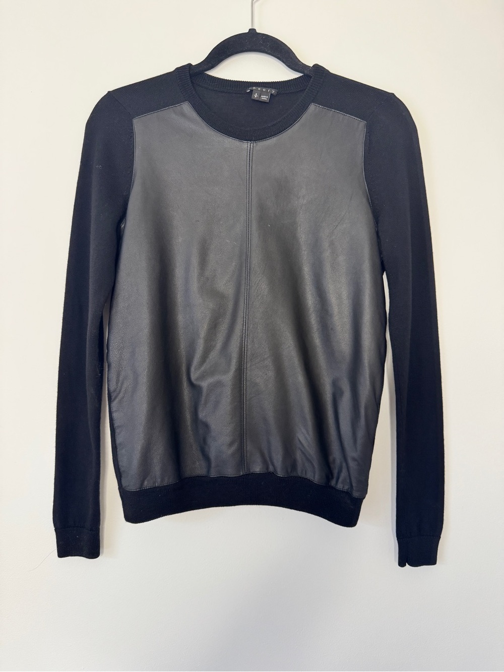 Theory Sweater Yulia Lambskin Leather Wool Black Long Sleeve Crew Neck Sz S